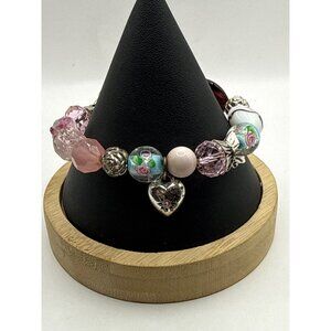 Handcrafted Stretch Lampwork Glass Bead Floral Heart Pink White Bracelet